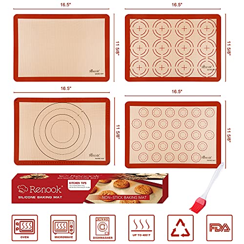 RENOOK Silicone Baking Mats-Set of 4 Nonstick Half Sheets (16.5\'\' x 11.5\'\') and 1x Oil Brush- BPA-free Grade Food & Reusable Baking Oven Liner Sheet - Dishwasher Safe - Macaron, Pastry, Pizza, Cookie - Thumbnail 2
