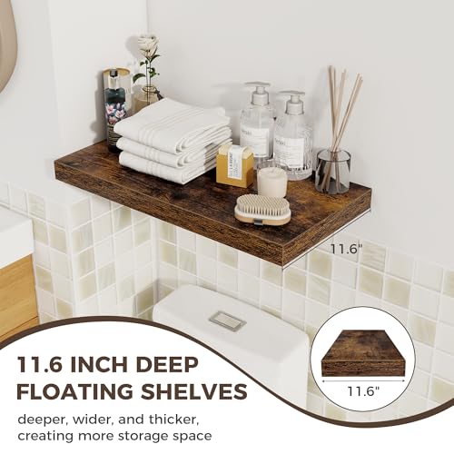 Image of Fun Memories 24 x 12 Inch Deep Floating Shelves, 12 Inch Deep Rustic Wooden Book Shelf, Extra Deeper & Thicker Hanging Shelves for Living Room, Bathroom, Bedroom, Kitchen, Office, Set of 2 (Brown)