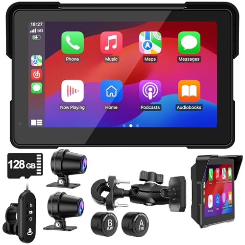 Image of LBW 7 inch Wireless GPS Motorcycle CarPlay(Includes 128G SD) with Android Auto Navigation,Dual2KDash CamHD Waterproof Screen, TPMS
