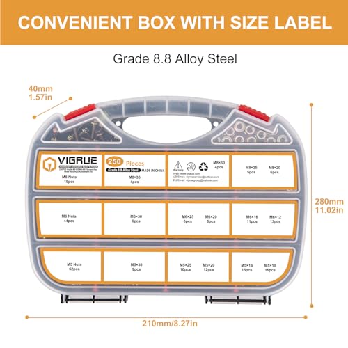 Image of VIGRUE 250pcs Grade 8.8 Metric Bolts and Nuts Assortment Kit, M5 M6 M8 Flange Hex Nuts and Bolts Kit, Yellow Zinc Plated
