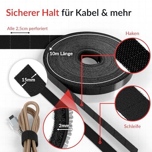 LABEL THE CABLE® 3 m Klettband abreißbar beidseitig schwarz, Klett Kabelbinder, doppelseitig, wiederverschließbar, perfekt als Camping-Gadget oder unterwegs, Pflanzenbinder - Velours-Qualität