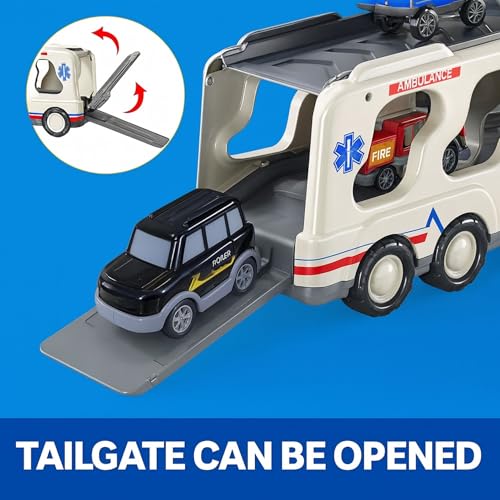 Image of GRAPHENE 5-in-1 Pull Back Friction-Powered Ambulance Vehicle Truck Toy Set with Light & Music Gift for Kids Boys Girls Ages 3 4 5 6 + Year Carrier Truck with Pull Back Cars Helicopter