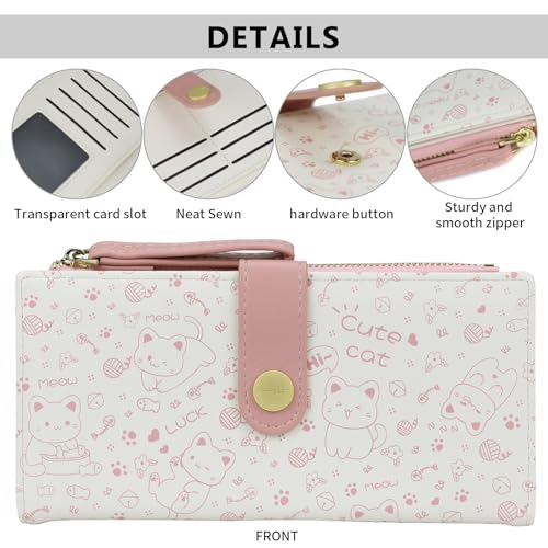 Pink Cat Pattern Wallet for Women and Ladies Long Leather Coin Purse with Cute Kawaii Design Minimalist Credit Card Holder and ID Window Travel Cash Wallet for Ladies4