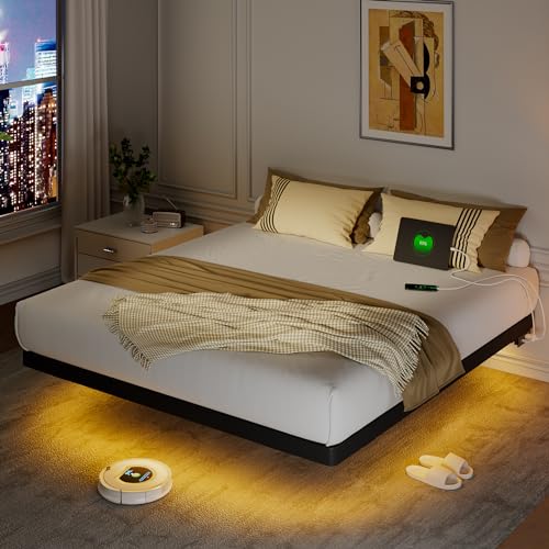 Feonase14" High Queen Size Floating Bed Frame with LED Lights and Charging Station, Heavy Duty Metal Platform Beds with 12" Underbed Storage, No Box Spring Needed, Easy Assemble, Noise-Free