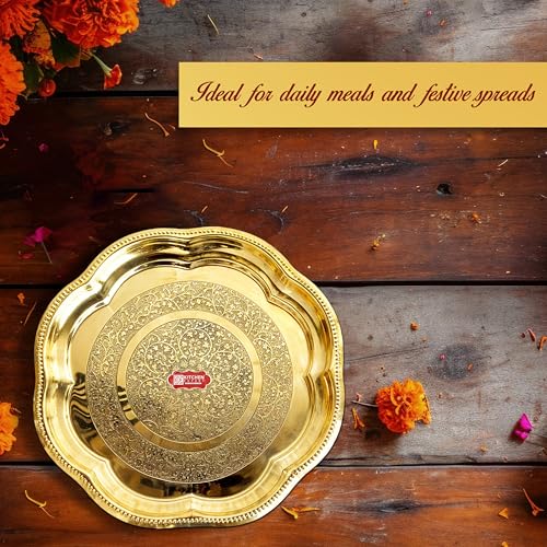 Image of Kitchen Expert Small Brass Plate | 15cm | Pooja Thali | Engraved Flower Design | Ideal for Puja /Prasad /Dia | Mandir Plate | Handcrafted Dia