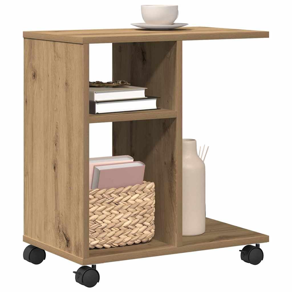 Mesa auxiliar de madera de roble Artisan, 50 x 30 x 55 cm, con estante y ruedas, ideal como mesa de centro, mesita de noche, mesa de sofá, mesa de almacenamiento, para salón, dormitorio