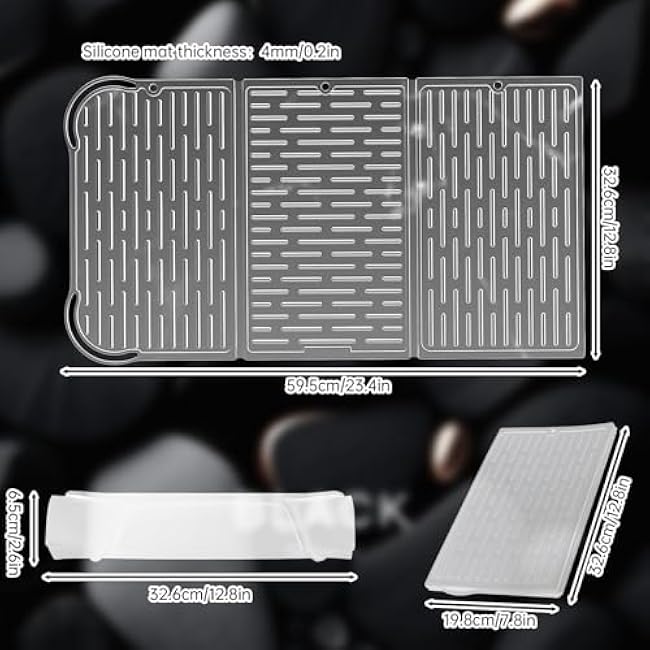 NiHome Extra-Large Trifold Dish Drying Mat, Foldable Compact Easy Storage Silicone Drying Mat for Kitchen Counter Heat & Cold Resistant, Anti-Slip Durable Dish Drying Kitchen Mat (Translucent White)