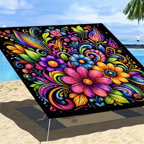 Miytal Blacklight Floral Sunshade Sail, 6'×6' UV Reactive Neon Glow in the Dark Colorful Flower Canopy, Bohemian Outdoor Patio Shade Cloth for Garden, Backyard, Deck & Glow Party Decor
