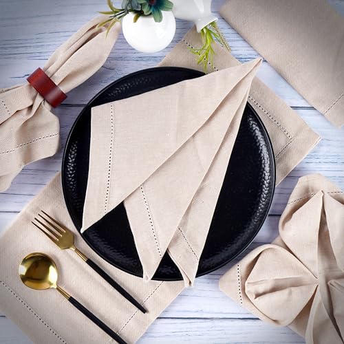 Image of FINGERCRAFT Hemstitched Cotton Table Napkins - Set of 12, 20x20 Inch, 100% Cotton Cloth Napkins with Faggoting Stitching - Durable & Elegant for Parties, Hotels, Everyday Use (Ivory Twill)