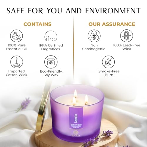 Image of EKAM 3 Wick Soy Wax Scented Candle | Lavender Fragrance | 35 Hr Burn | Long Lasting Premium Jar Candle for Home Decor, Relaxation & Aromatherapy