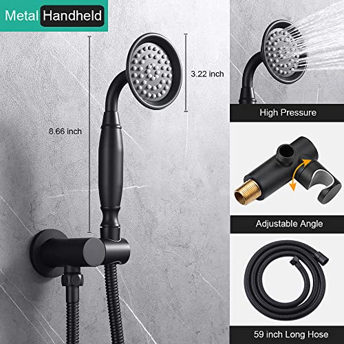 Homekice Antique Shower Faucet-Sets Complete Fixtures: 9 inch Ceiling Rain Head with Handheld Spray and Body Jets, 3 Way Diverter Brass Rough in Valve System Included Trim Kit, Matte Black — view 6