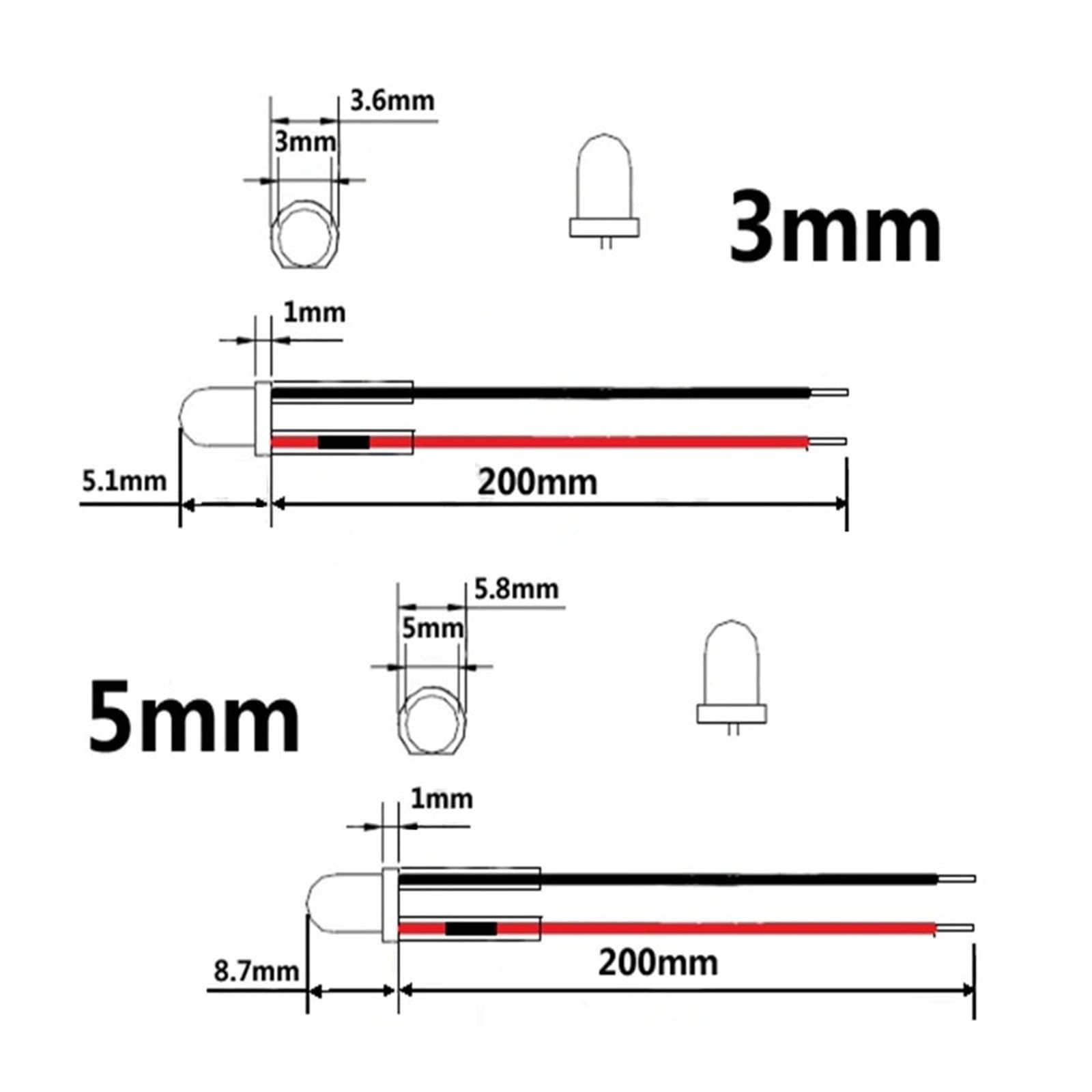50 pz 3 V 5 V 12 V 24 V DC 3mm 5mm Diodi LED Rosso Verde Blu Giallo Arancione Rosa Bianco Caldo Precablato Cavo da 20 cm(5V 3mm,Orange)