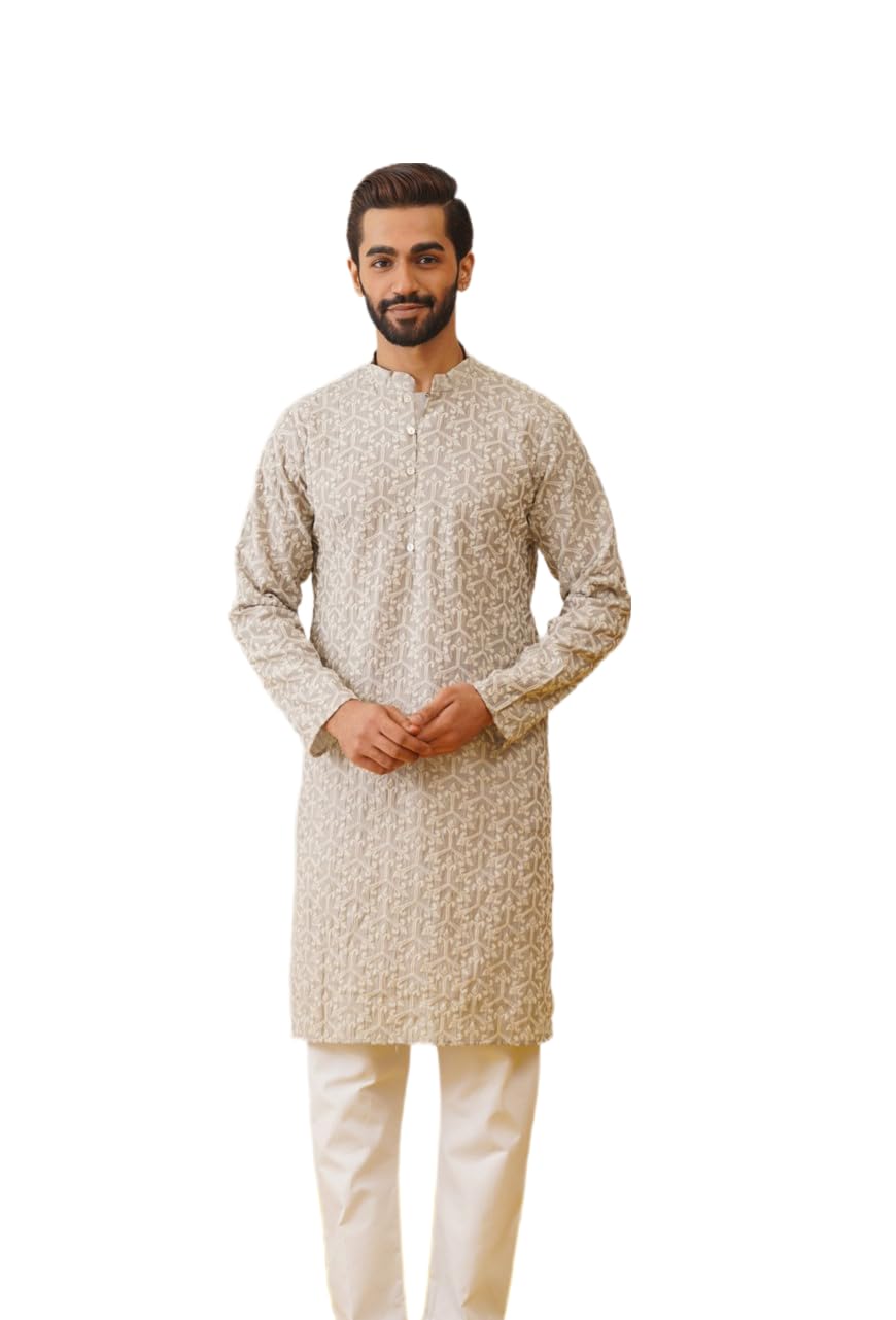 Jompers Men's Grey Chikankari Embroidered Kurta Pyjama Set. (Grey, Xl)