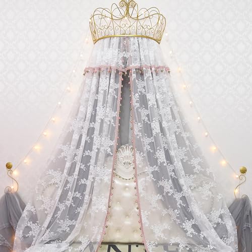 Ciel de lit princesse en dentelle double couche couronne dorée - 2