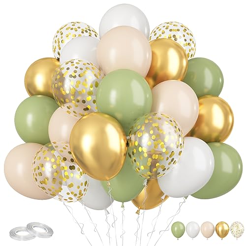 Image of Green & Gold Balloons - 60 Pcs Sage Green & Apricot, 12 Inch Metallic Gold Confetti, Retro Green Latex for Baby Shower, Wedding, Birthday, Jungle Animal Theme Party Decorations