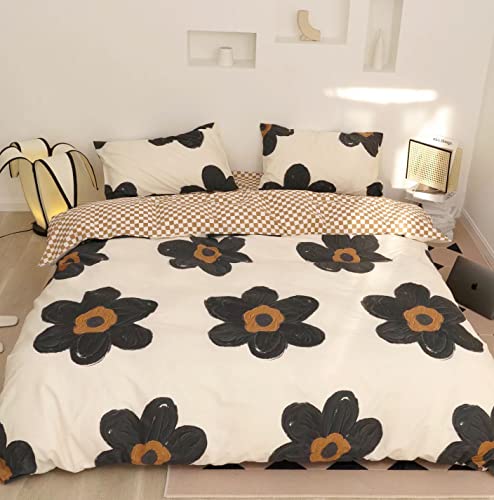 Image of KAREVER Black Floral Comforter Set Black Botanical Bedding Full Women Chic Blankets Lightweight Black Sunflower Reversible Bed Comforter Set Full Size