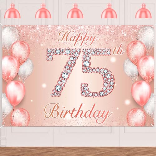 Happy 75th Birthday Rose Gold Banner Cheers to 75 Years Old Backdrop Confetti Balloons Theme Decor for Women 75 Years Old Pink Birthday Party Decorations Bday Supplies Background Favors Gift Glitter by DZTRELFK - Used condition - US$8.90