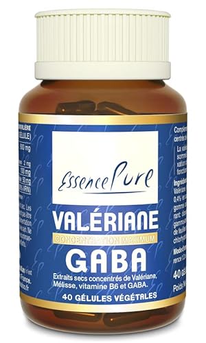Valériane GABA Essence Pure. Relaxant naturel pour mieux dormir. Valériane désodorisée + Mélisse + GABA + Vitamine B6. Aide à s'endormir et à maintenir le sommeil. 40 Gélules Végétales Api-Nature