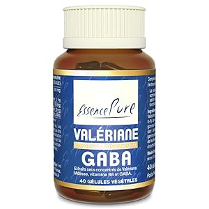 Valériane GABA Essence Pure. Relaxant naturel pour mieux dormir. Valériane désodorisée + Mélisse + GABA + Vitamine B6. Aide à s’endormir et à maintenir le sommeil. 40 Gélules Végétales Api-Nature