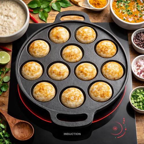 Image of Cast Iron Appam Pan (7 /9 /12 Cavity) | Paniyaram Pan, Appe Pan, Kuzhi Paniyaram Maker | Heavy Duty, Even Heating, Gas & Induction Compatible (12 Cavity (Large))