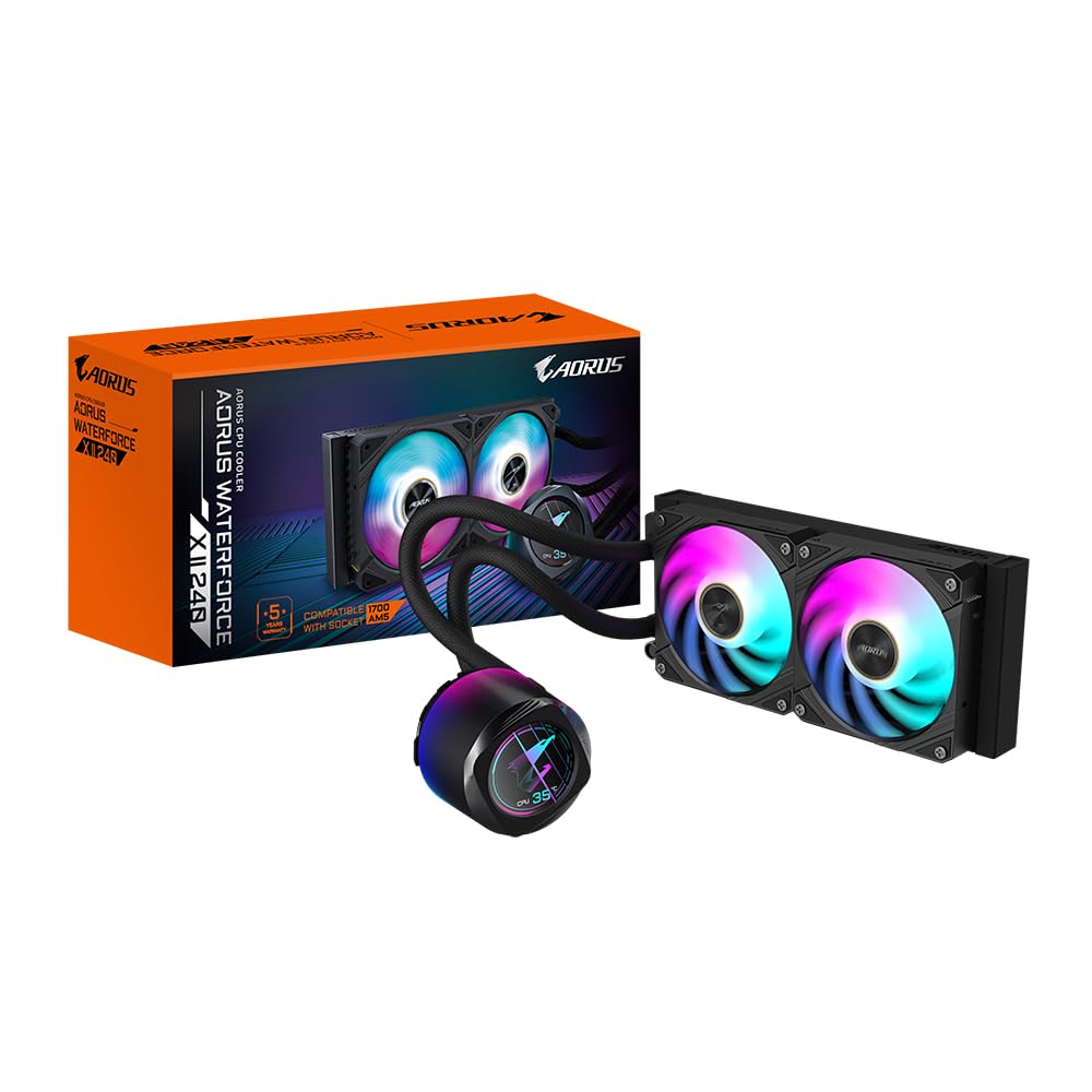 GIGABYTE AORUS WATERFORCE X II 240 Manyetik Kilitleme Mekanizmalı Fan, 60 x 60mm Full Color LCD Ekran, Profesyonal Gaming Sıvı CPU Soğutucu