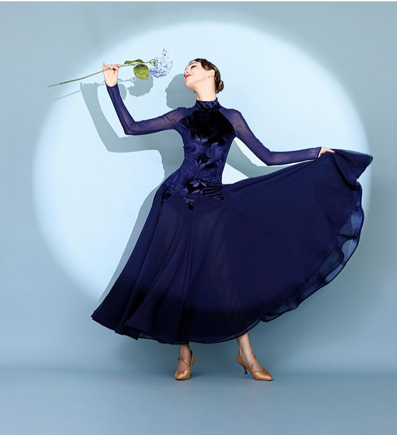 HEARTTOUCH Women Velvet Ballroom Dance Dress Modern Waltz Tango Dresses Professional Competition Performance Dance Costume (Navy Blue,Large)
