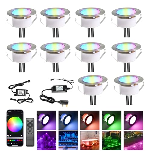 INDARUN RGBW WiFi Led Decking Lights Waterproof IP67 Ø61MM 12V - Led Plinth Light Kits for Terrace/Patio/Path/Garden/Decoration, 10 Packs