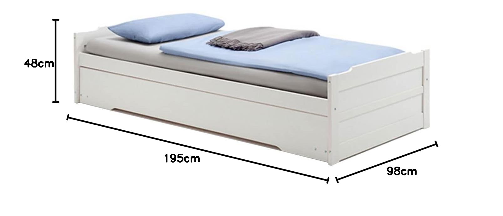IDIMEX Lit gigogne Lorena 1 Personne tiroir lit Fonctionnel 90 x 190 cm pin Massif lasuré Blanc