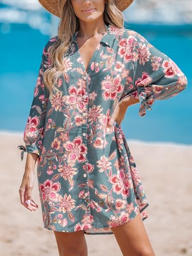 Image of CUPSHE Women Mini Summer Dress Cover Up Oversize Floral Shirt 3 /4 Sleeve Cuff Tie Button Down Beach Dresses Cover Up Top