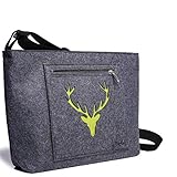 Filz Umhängetasche Damen Große Tasche aus Filz Kinderhandtasche Filz Handtasche Schultertasche Mädchen Dirndl Trachtentasche Filztasche Stoff Trachtenmotiv Tiermotiv Hirsch Dunkelgrau/Grün
