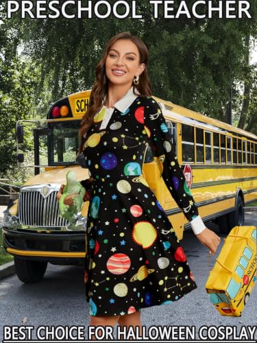 Image of Womens Long Sleeve Peter Pan Collar Aline Dress for Halloween Role Play Party Teacher Costume with Bus Bag