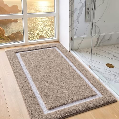 Image of Color&Geometry Extra Soft Bathroom Rugs 44x24, Absorbent Microfiber Bath Rug, Non-Slip Bathroom mat, Washable Plush Bath Mats for Bathroom, Shower, Bathtub, Laundry, Khaki White