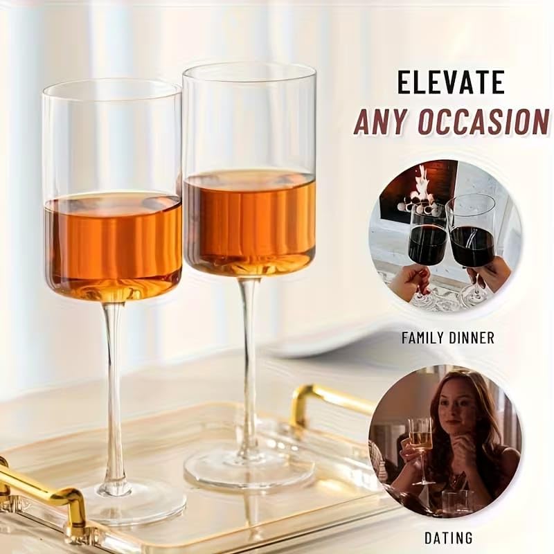 Image of PrimeWorld Modern Square Wine Glasses Set of 4 Pcs - 260 ml Crystal Stemmed Wine Glasses with Thin Laser-Cut Rim, Large Glasses for Red & White Wine, Dishwasher Safe