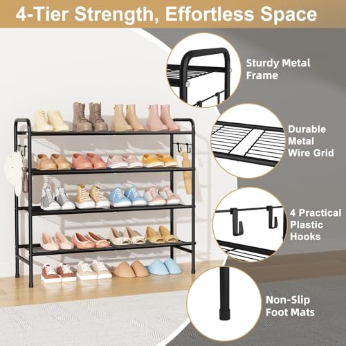 Image of VILICK 4-Tier Shoe Rack 33 inch Wide Metal Shoe Organizer Long Shoe Storage with 4 Side Hooks Sturdy Shoes Shelf for Closet, Front Door Entrance, Garage, Dorm, Black