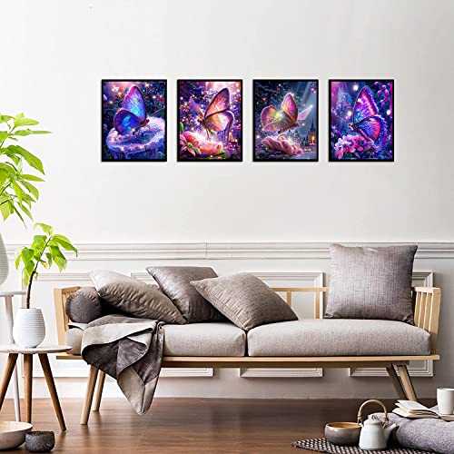 Xla Butterfly Wall Art,Butterfly World,Color Butterfly Poster, Color Luminous Forest Natural Landscape Print, Nature Floral Artwork For Girls Bedroom Farmhouse Decor Set Of 4 （8X10 Inch） Unframed #TOP4