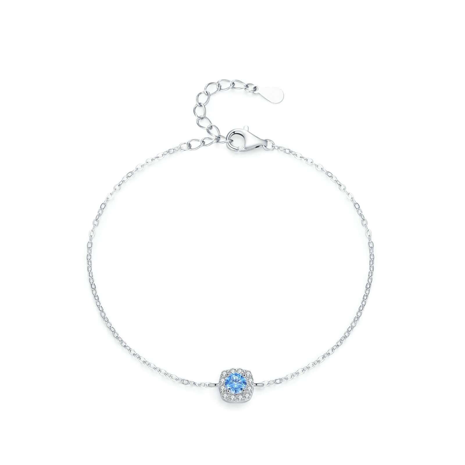 Donna Bracciale Oro Bianco 9 Carati / 14 Carati / 18 Carati, Quadrato e Rotondo con Topazio e Diamante, Regolabile 16 CM + 5 CM, Bracciale Catena Donna Blu Argento