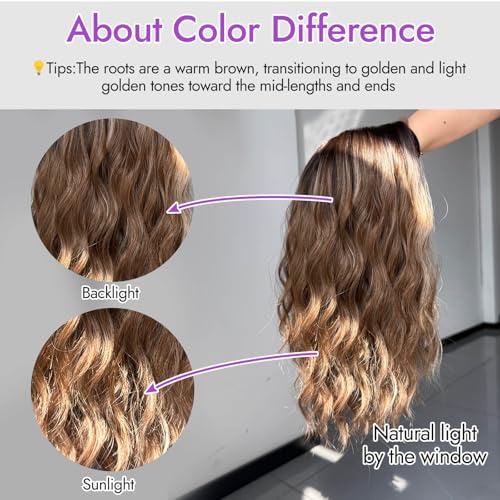 Image of Eawwii Ombre Light Brown With Blonde Short Wavy Wig for Women Lace Hairline Bob Style Synthetic Heat Resistant - Natural Appearance for Everyday Hairstyle 14 Inch