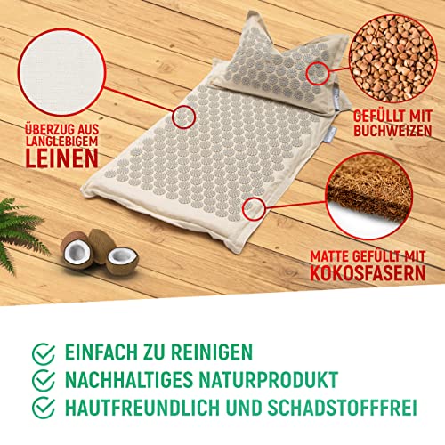 NEOLYMP Akupressurmatte mit Kissen und Eingewöhnungstuch, gefüllt mit Kokosfasern und Buchweizen - Massagematte mit 7.452 Druckpunkten - Videoanleitungen mit Akupunktur Matte Übungen (beige)