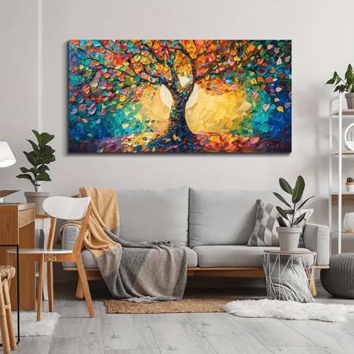 Peinture de paysage d'arbres colorés pour raviver un mur blanc vide avec un grand cadre abstrait