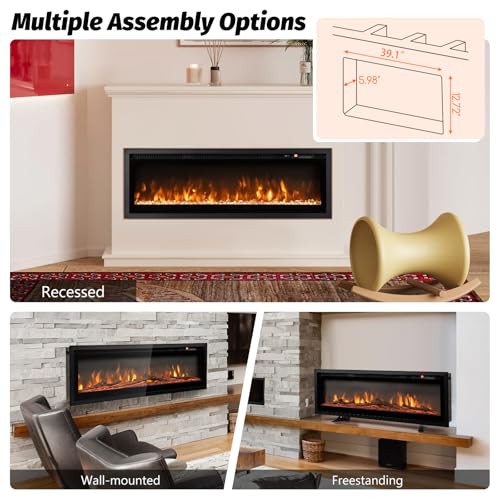 COSTWAY 40"/50" Electric Fireplace, Wall Mounted/Recessed/Freestanding Fire Heater with 12 Flame & 12 Ember Bed Colors, 5 Brightness, Remote Control, 8H Timer, Thermostat, 750W/1500W - Image 9