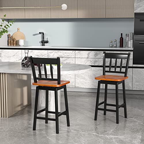 Butacos COSTWAY, Set de 2, Altura de Barra de 24,5 pulgadas, con Asiento de Madera Sólida de Caucho, Giro de 360°, Reposapiés y Espaldar, Ideales para Isla de Cocina, Encimera o Pub (Negro) miniatura 4