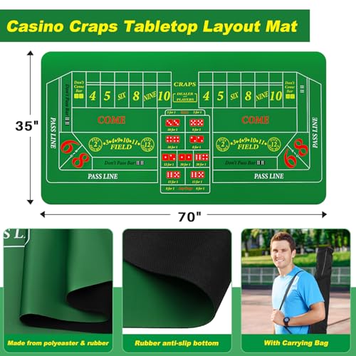 Leyndo Craps Tabletop Game Set, Includes 35\" x 70\" Rubber Craps Tabletop Layout Mat, 36\" Craps Rattan Stick, Casino Grade AAA 19mm Dice, 3 Inch On/Off Buttons and 100 Pcs Poker Chips with Case