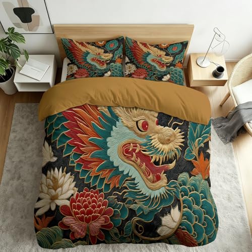 Parure de Lit Dragon Oriental et Pivoine 90x190cm 3 Pièces avec 2 Taies d'Oreiller 65x65cm Housse de Couette Style Traditionnel pour Adultes Linge de Lit Doux...