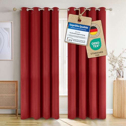 Blumtal Verdunklungsvorhänge 2er Set - Thermovorhang Hitzeschutz - Vorhang Blickdicht mit Ösen - Gardinenschals mit Schlaufen - Lärmschutzvorhang - Gardinen 265x140cm - Vorhang wärmeisolierend - Rot