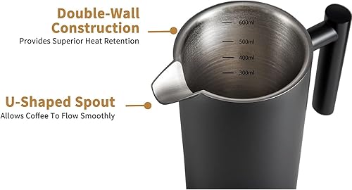 Miniatura 6 de Miuly Cafetera de prensa francesa, prensa francesa de acero inoxidable de 21 onzas con sistema de filtración de 3 niveles, prensa francesa aislada