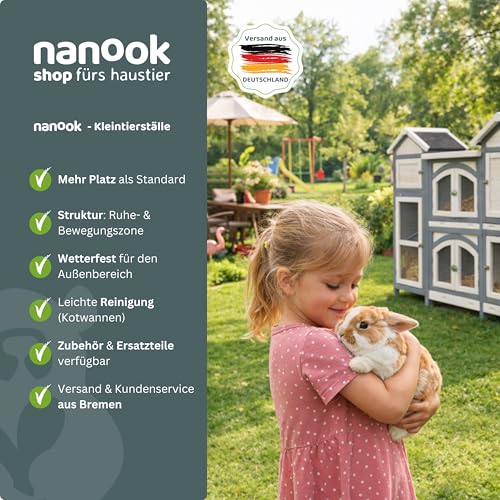 nanook Kaninchenstall, Hasenstall Castle XXL mit seitlichen Aufgängen für mehr Platz - wetterfest - Staufach - extragroß 181 x 43 x 127 cm grau/Weiss