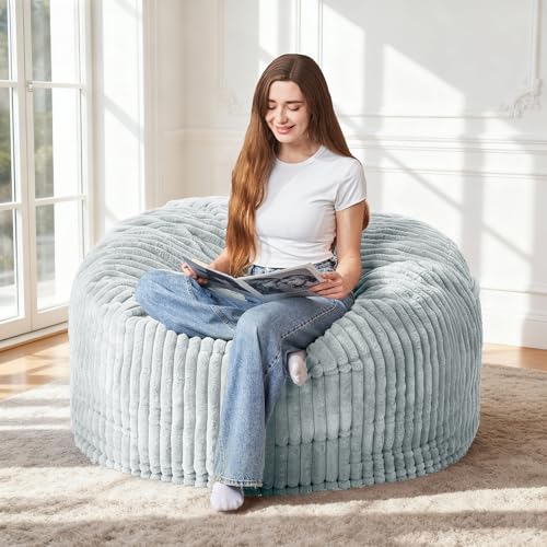 Image of HABUTWAY 3FT Bean Bag Chair, 3' Large Bean Bag Chairs for Adults with Stripe Plush Cover, Memory Foam Beanbag Chair for Living Room Bedroom Dorm,Light Grey