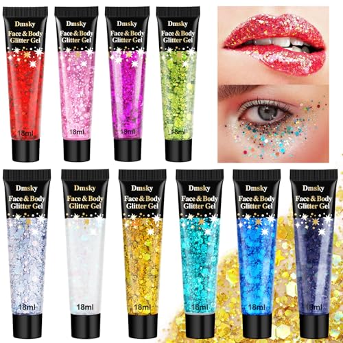 10 Colors Body Glitter,Face Glitter Makeup for Kids Women,Sparkly Chunky Hair Glitter for Eye Lip Hair Nails,Mardi Gras Glitter Makeup Face Paint,Singer Concerts Disco Rave Festival Accessories
