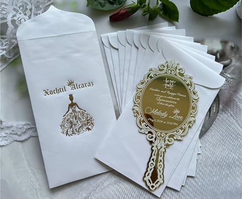 Prince Mirror Gold Acrylic Quinceañera Invitation with White Envelopes, Acrylic Sweet 16 Invitation, Luxury Wedding Invitation with Envelope - Pack of 50 Nos