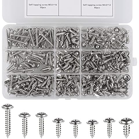 Fentar 350 Stück Blechschrauben Sortiment M3 M3.5 M4 M4.8 Silber Blechschrauben Flachkopf Gut Qualität und Solid Flachkopfschrauben Holz Cover